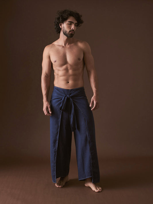 Pantalón envolvente en Algodón Azul Marino