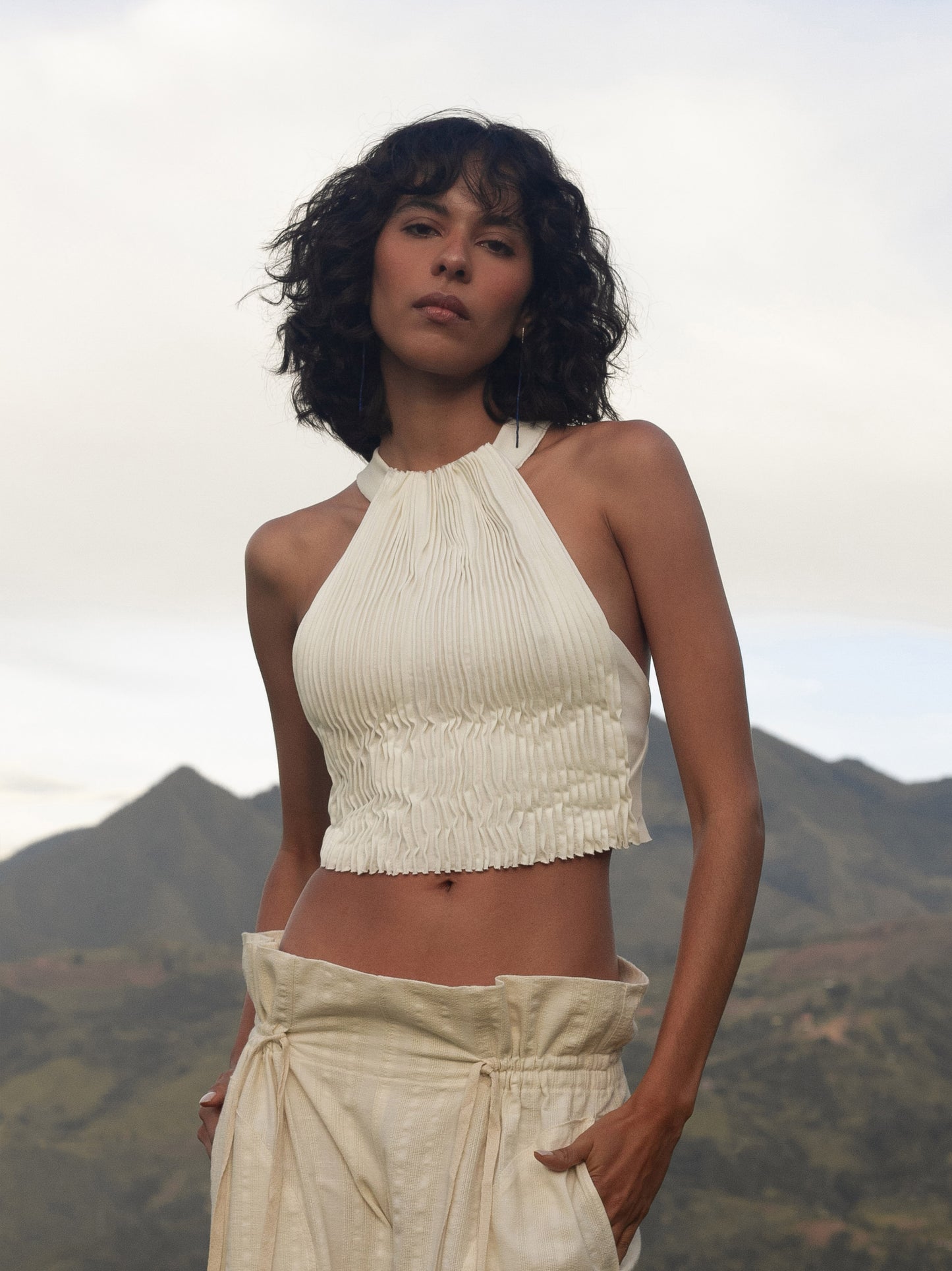 Top Marfil Plisado en Algodón