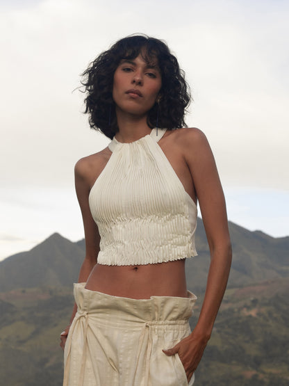Top Marfil Plisado en Algodón