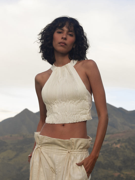Top Marfil Plisado en Algodón