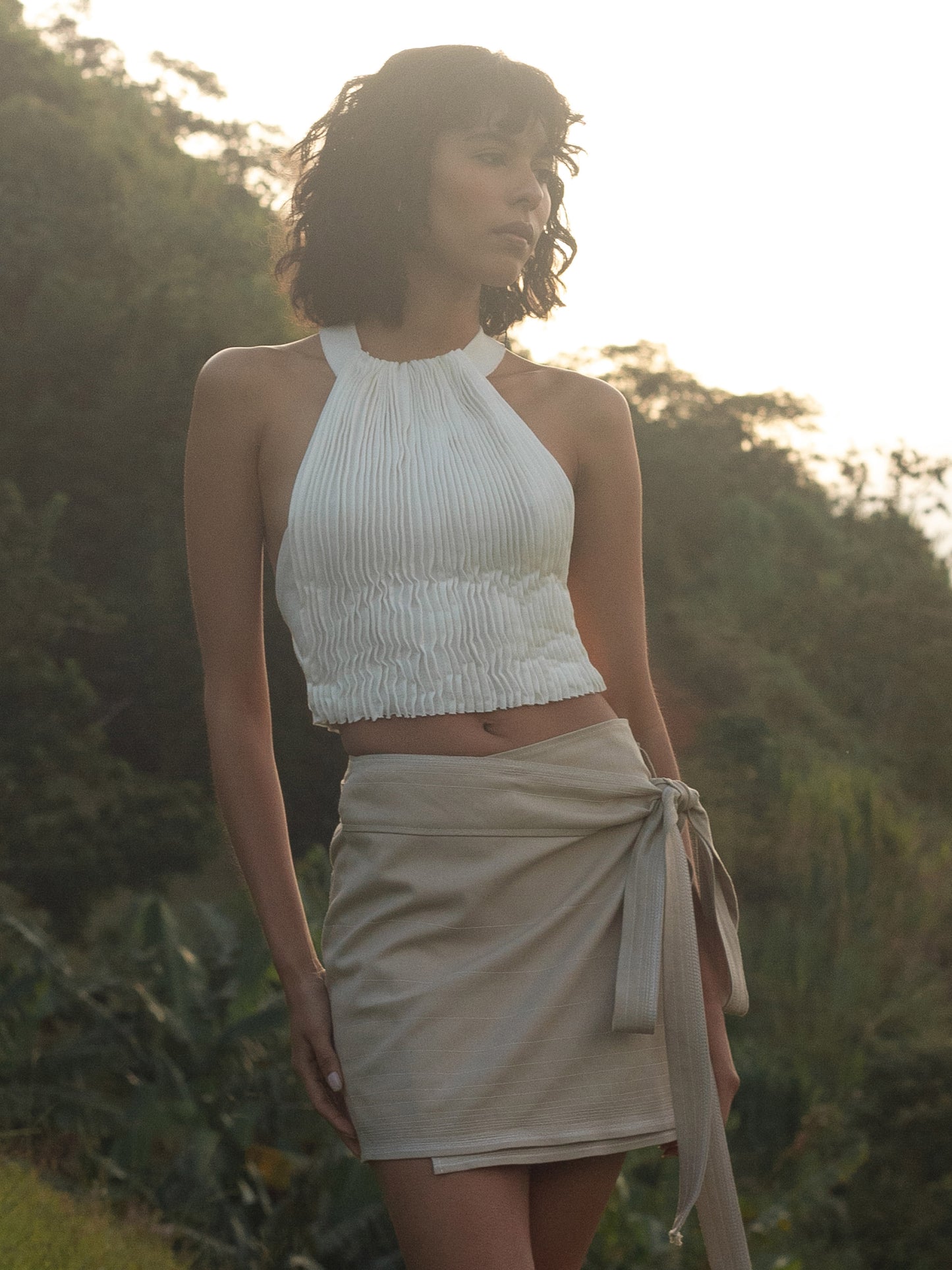 Top Marfil Plisado en Algodón
