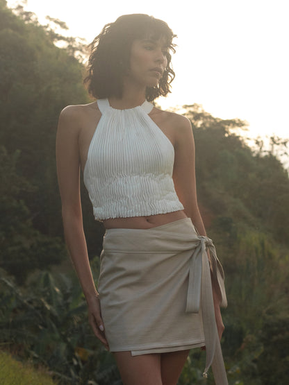 Top Marfil Plisado en Algodón